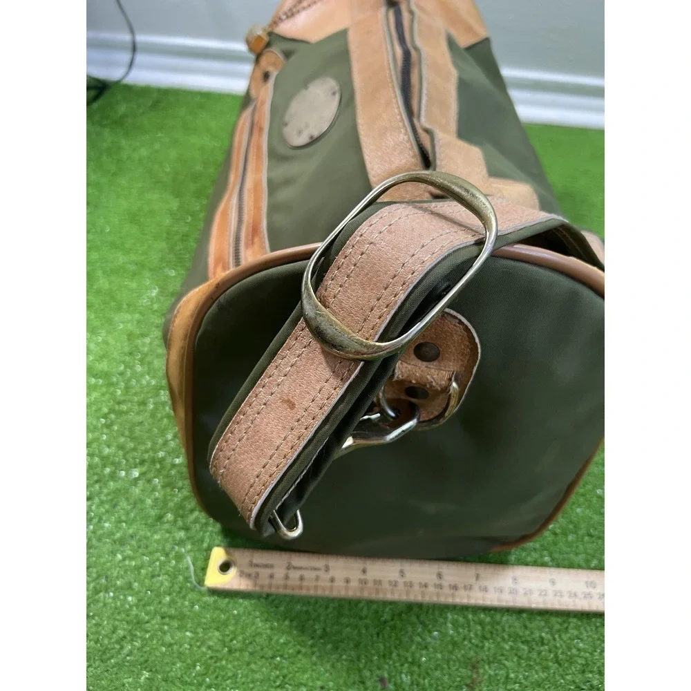 Vintage Waxed Canvas Weekender Duffle Bag Olive Drab Brown Leather Western 70s